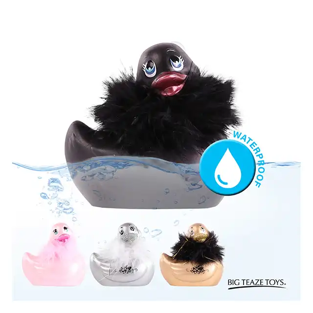 Big Teaze Toys - I Rub My Duckie 2.0 Paris Collction Black. Kaczuszka glamour z diamentem Svarowskiego i Boa. 7 programów. Wibrator incognito.
