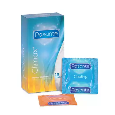 Pasante - Climax 12pc. Prążkowane prezerwatywy z efektem rozgrzewającym i z efektem chłodzącym. 12 sztuk
