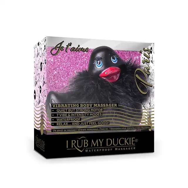 Big Teaze Toys - I Rub My Duckie 2.0 Paris Collction Black. Kaczuszka glamour z diamentem Svarowskiego i Boa. 7 programów. Wibrator incognito.