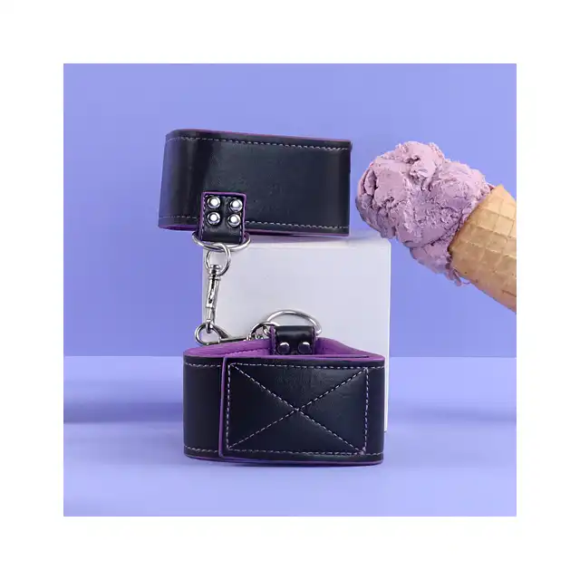 Ouch! - Reversible Ankle Cuffs - Purple - skórzane, dwustronne kajdanki na nogi