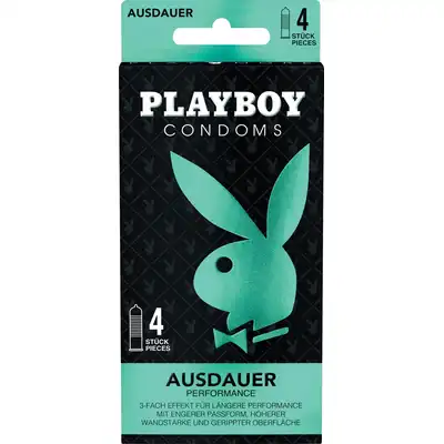 Playboy Condoms - Performance. Niemiecka jakość. Prezerwatywy max stymulujące. 3 systemy, sekretna broń. 4 sztuki