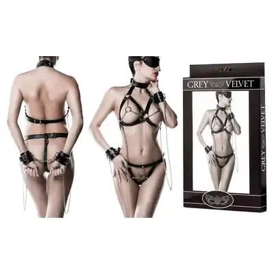 Grey Velvet - Boski, efektowny komplet 5 częściowy do zabaw BDSM. Rozmiar uniwersalny XS-XL