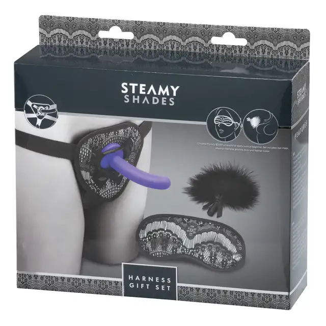 Steamy Shades - Harness Gift Set - elegancki strap - on w zestawie z piórkiem i opaską na oczy 