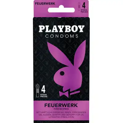 Playboy Condoms - Fireworks. Prezerwatywy fajerwerki 4 sztuki, żebrowane i kropkowane plus żel orgazmowy Playboy Sensation. Niemiecka jakość. 