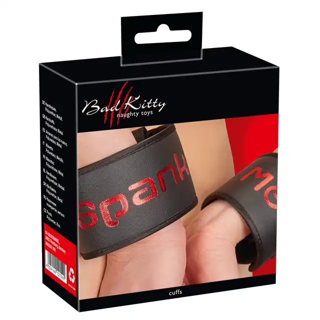 Bad Kitty - Spank Me Cuffs. Solidne kajdanki z prowokacyjnym napisem `spank me`. 