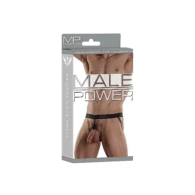 Male Power - Ring Jock Black L. Stringi z otwartym tyłem oraz ringiem na penisa 