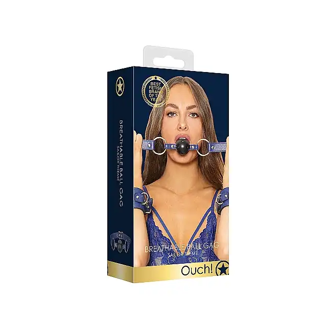 Ouch! - Breathable Ball Gag Sailor Blue. Marynarski knebel z otworkami do oddychania 