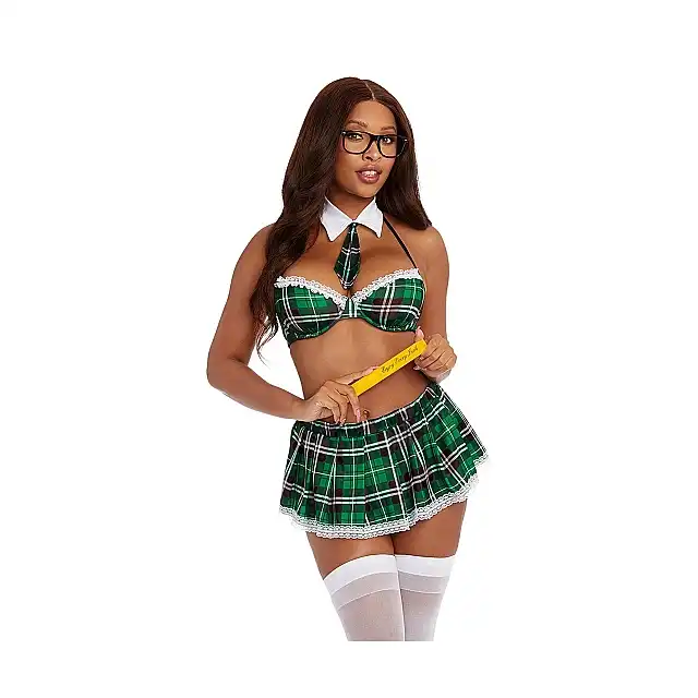 Dreamgirl - Green Plaid Schoolgirl O/S. Strój niegrzecznej uczennicy z okularami 