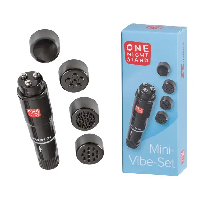 One Night Stand - Mini Vibe Set Black. Mocny, precyzyjny czarny wibrator z 4 nakładkami.