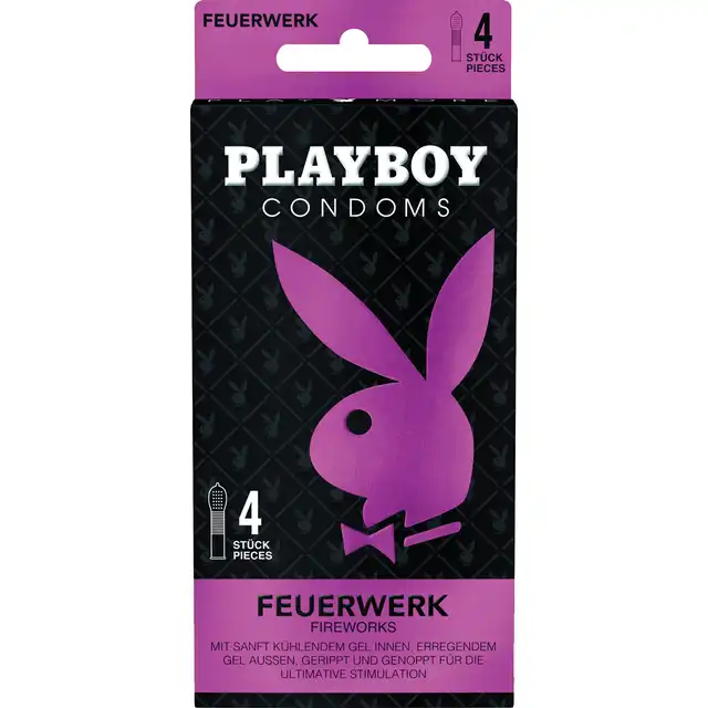Playboy Condoms - Fireworks. Prezerwatywy fajerwerki 4 sztuki, żebrowane i kropkowane plus żel orgazmowy Playboy Sensation. Niemiecka jakość. 