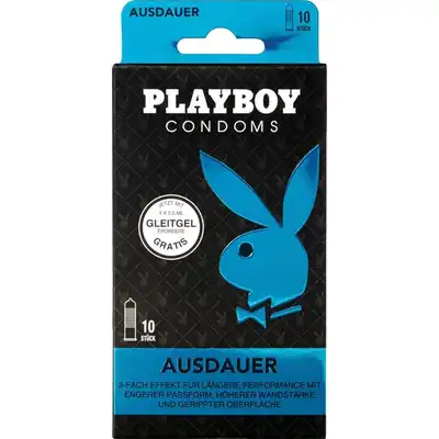 Playboy  -  „Ausdauer' 10 sztuk. Prezerwatywy prążkowane z dodatkiem 4 saszetek żelu. Mega stymulacja w wersji premium