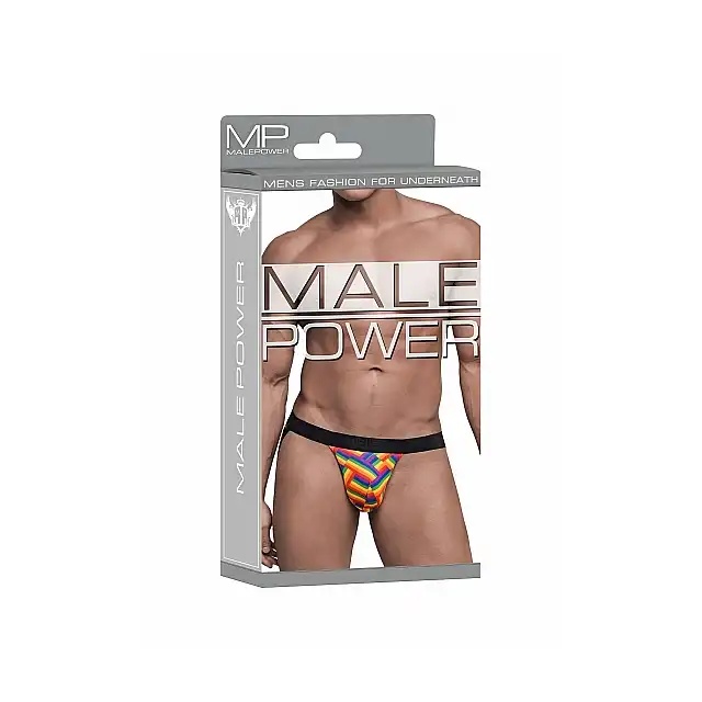 Male Power - Jock Print L/XL. Slipy męskie z otwartym tyłem oraz tęczową jodełką 