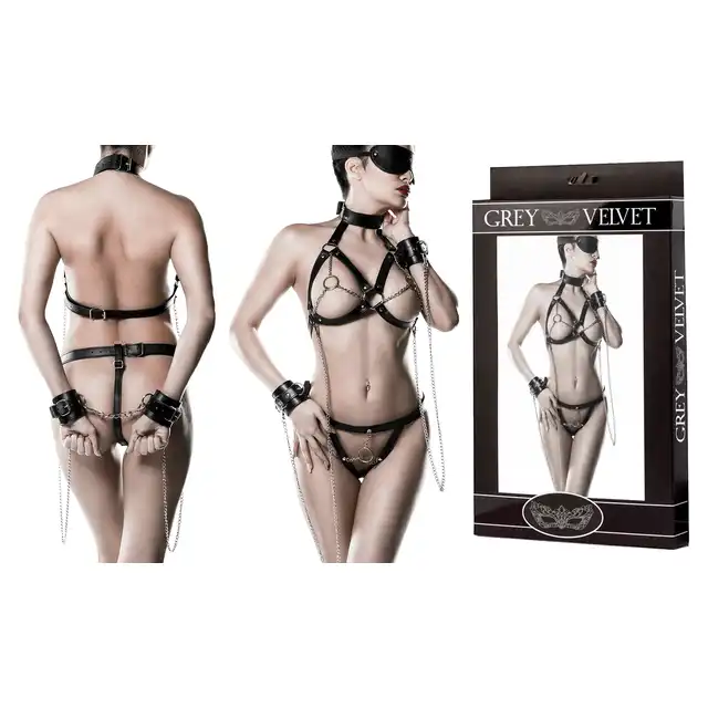 Grey Velvet - Boski, efektowny komplet 5 częściowy do zabaw BDSM. Rozmiar uniwersalny XS-XL