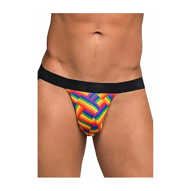 Male Power - Jock Print L/XL. Slipy męskie z otwartym tyłem oraz tęczową jodełką 