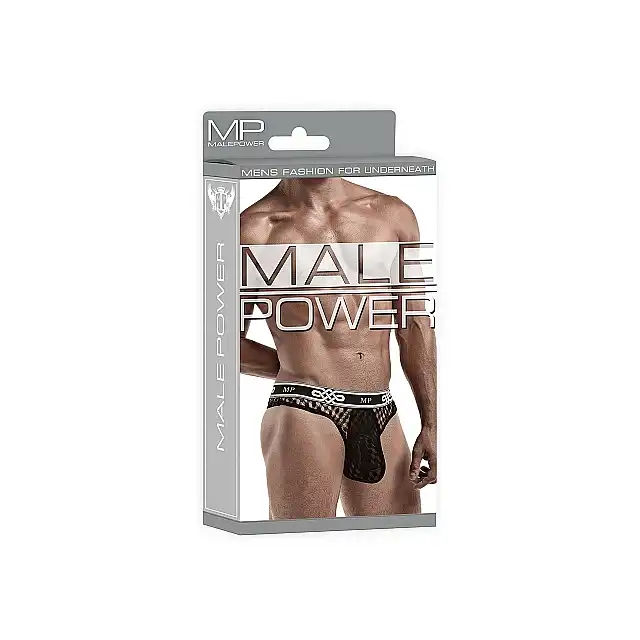 Male Power - Lo Rise Thong Black L/XL. Seksowne męskie slipki z eksponujące pośladki 