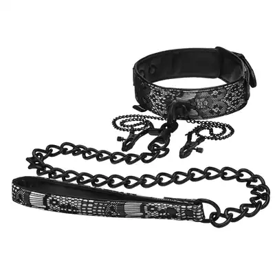 Steamy Shades - Collar With Leash - elegancka obroża ze smyczą i zaciskami na sutki