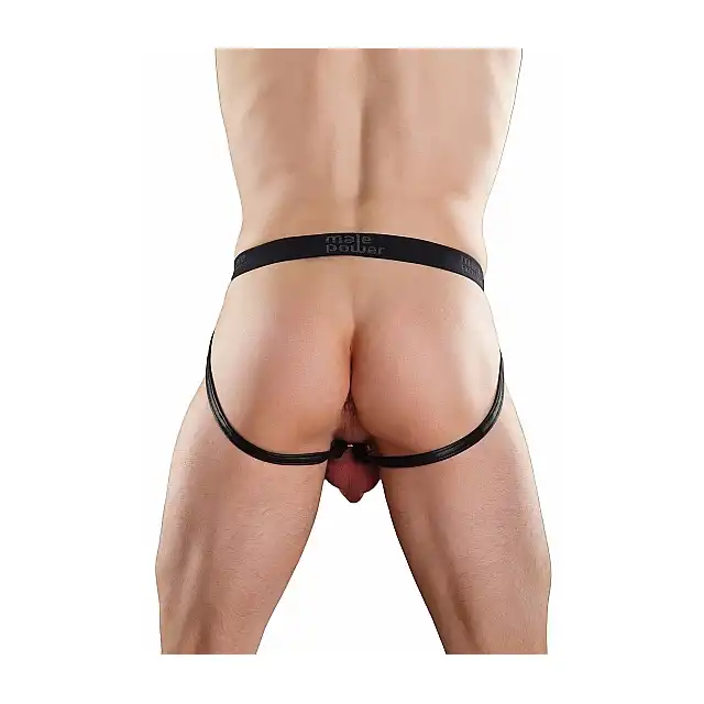Male Power - Ring Jock Black L. Stringi z otwartym tyłem oraz ringiem na penisa 