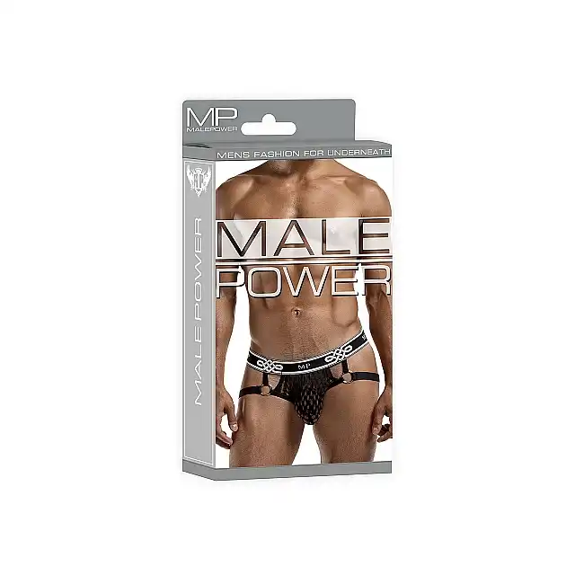 Male Power - Jock Ring Black L/XL. Seksowne slipki z metalowymi kółkami oraz otwartym tyłem 