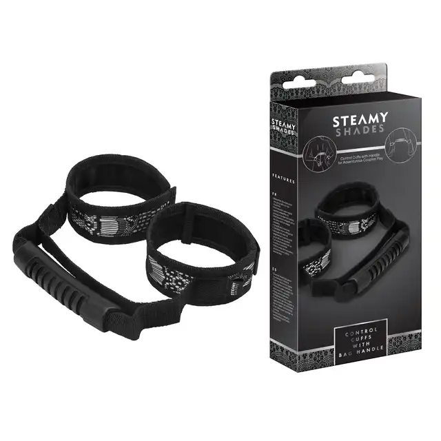 Steamy Shades - Control Cuffs with Bag Handle - miękkie kajdanki na nadgarstki lub nogi, uchwyt zapewnia kontrolę