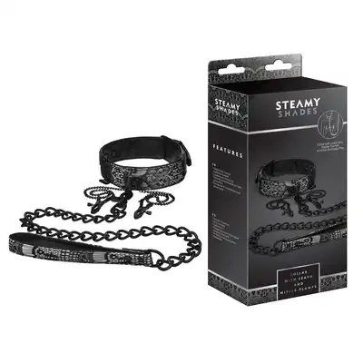 Steamy Shades - Collar With Leash - elegancka obroża ze smyczą i zaciskami na sutki