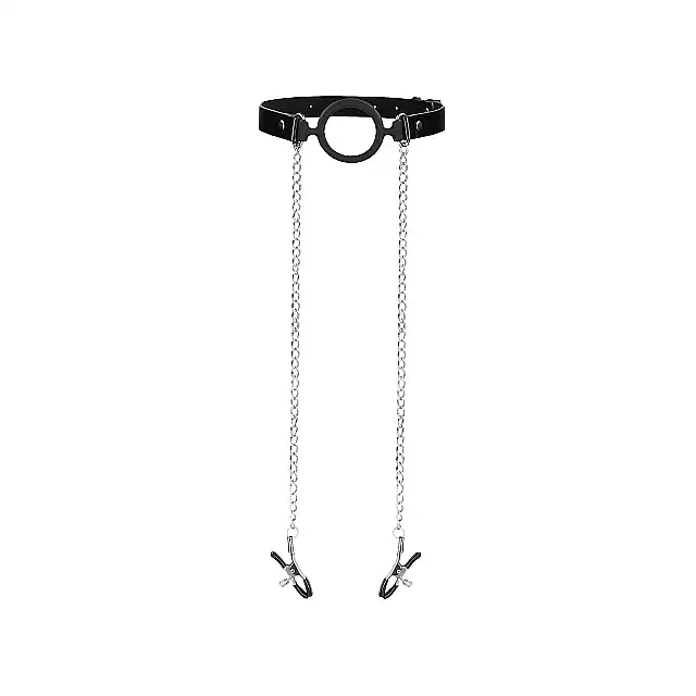 Ouch! -  O-Ring With Nipple Clamps. Knebel z silikonowym ringiem i klamerkami na sutki. Premium design.