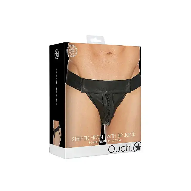 Ouch! - Plain Front With Zip Jock - Elegancki Jockstrap. S/M - Czarna. Fetish Brand of the Year. Ostatnia sztuka!