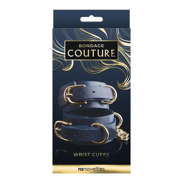 Nsnovelties - Bondage Couture. Wrist Cuff. Super dizajnerskie kajdanki. Niebieski plus złoty metal. Boskie.