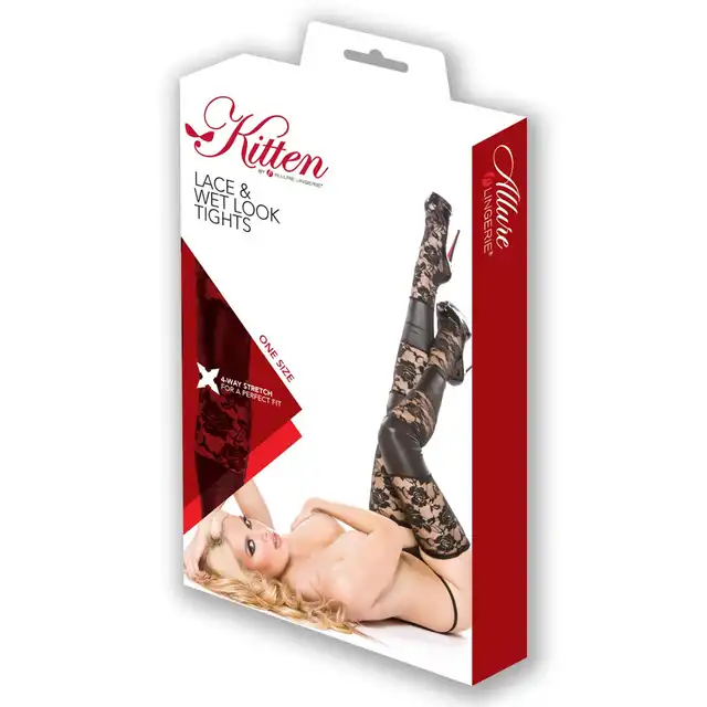 Allure - 70206 Wetlook Tights O/S. Zmysłowe pończochy z kwiatową koronką i wstawkami wetlook. Mega Sale!