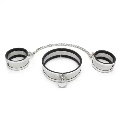 O-Products - Steel Large Collar &amp; Cuffs - zestaw kajdanek oraz obroży ze stali nierdzewnej. Wysoka jakość 