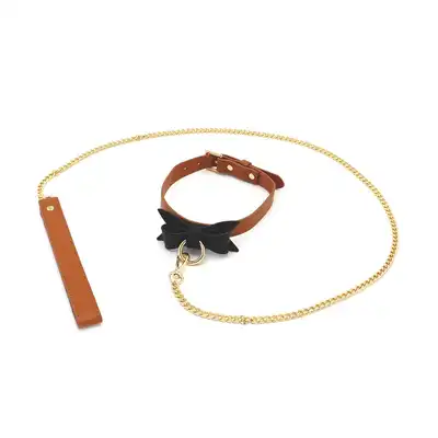 O-Products - Brown Leather Bow Tie Collar&amp;Leash. Elegancka obroża z kokardką i smyczą ze skóry wegańskiej 