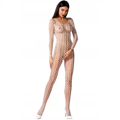 Passion - BS068 Bodystocking White - seksowny biały bodystocking z otwartym krokiem
