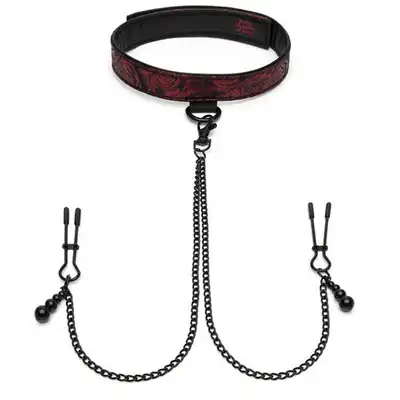 Fifty Shades of Grey - Sweet Anticipation Collar Nipple Clamps - doskonała obroża połączona z zaciskami na sutki. Luksusowa sesja BDSM