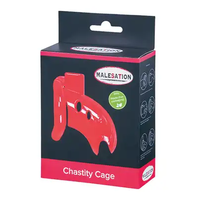 Malesation - Chastity Cage. Krwisto czerwona klatka na penisa. Zamykana na mosiężny zamek. W zestawie trzy pierścienie. 