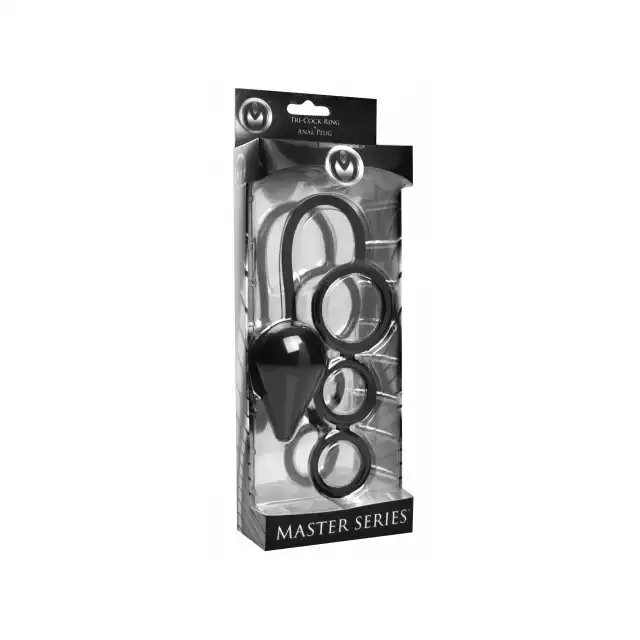 Master Series - Triple Threat 3 Ring&amp;Anal Plug. Wyjątkowy zestaw 3 ringów i pluga analnego 