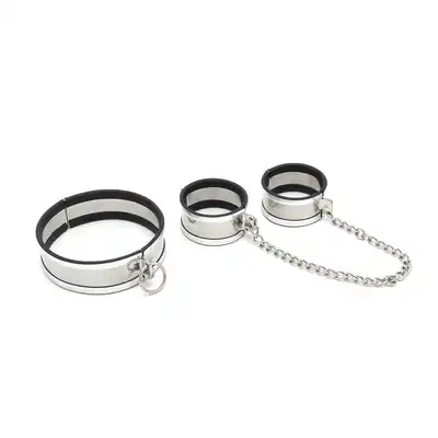 O-Products - Steel Large Collar &amp; Cuffs - zestaw kajdanek oraz obroży ze stali nierdzewnej. Wysoka jakość 