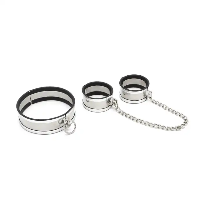 O-Products - Steel Large Collar &amp; Cuffs - zestaw kajdanek oraz obroży ze stali nierdzewnej. Wysoka jakość 