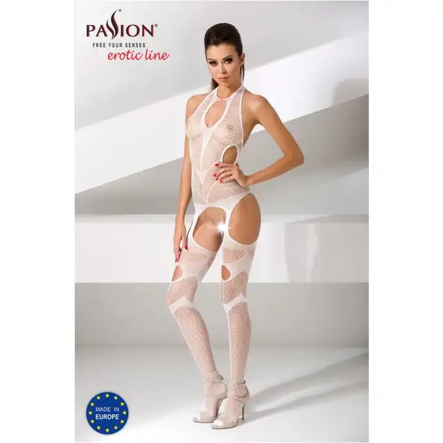 Passion  - BS053 Bodystocking White - ultraseksowny biały bodystocking z otwartym krokiem