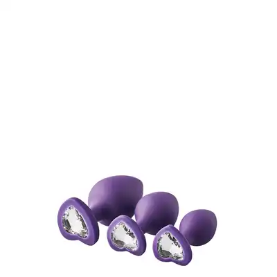 Dream Toys - Flirts Anal Training Kit. Zestaw fioletowych, uwodzicielskich korków analnych. Błyszczące klejnoty w kształcie serc.