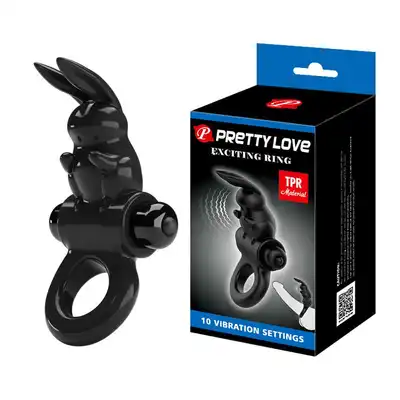 Pretty Love - Exciting Ring - czarny ring na penisa z króliczkiem i możliwością stymulacji łechtaczki 