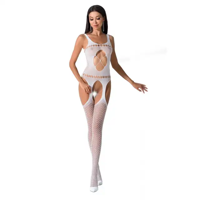 Passion - BS057 Bodystocking White - biały, rewelacyjny bodystocking z wycięciami