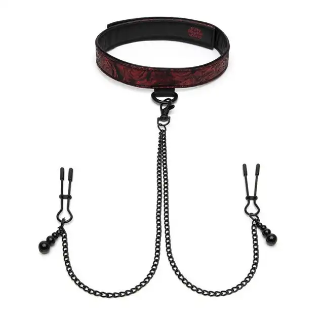 Fifty Shades of Grey - Sweet Anticipation Collar Nipple Clamps - doskonała obroża połączona z zaciskami na sutki. Luksusowa sesja BDSM