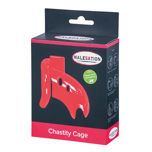 Malesation - Chastity Cage. Krwisto czerwona klatka na penisa. Zamykana na mosiężny zamek. W zestawie trzy pierścienie. 