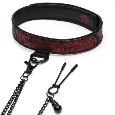 Fifty Shades of Grey - Sweet Anticipation Collar Nipple Clamps - doskonała obroża połączona z zaciskami na sutki. Luksusowa sesja BDSM