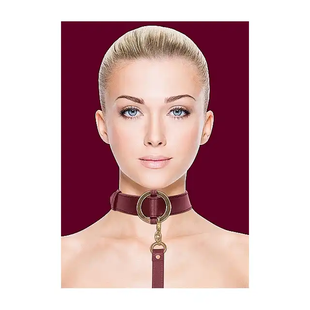 Ouch Halo - Collar With Leash - Burgundy - ekskluzywna smycz z obrożą. Luksusowa sesja BDSM