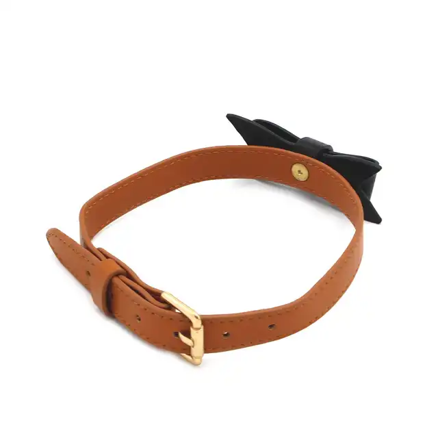 O-Products - Brown Leather Bow Tie Collar&amp;Leash. Elegancka obroża z kokardką i smyczą ze skóry wegańskiej 