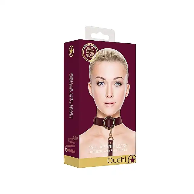 Ouch Halo - Collar With Leash - Burgundy - ekskluzywna smycz z obrożą. Luksusowa sesja BDSM