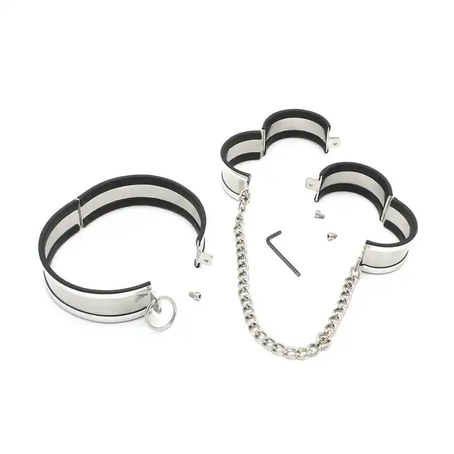 O-Products - Steel Large Collar &amp; Cuffs - zestaw kajdanek oraz obroży ze stali nierdzewnej. Wysoka jakość 