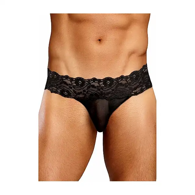 Male Power - Micro Thong Pinch Black  L/XL. Seksowne slipy męskie z odważną koronką 