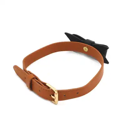 O-Products - Brown Leather Bow Tie Collar&amp;Leash. Elegancka obroża z kokardką i smyczą ze skóry wegańskiej 