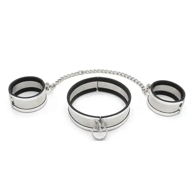 O-Products - Steel Large Collar &amp; Cuffs - zestaw kajdanek oraz obroży ze stali nierdzewnej. Wysoka jakość 